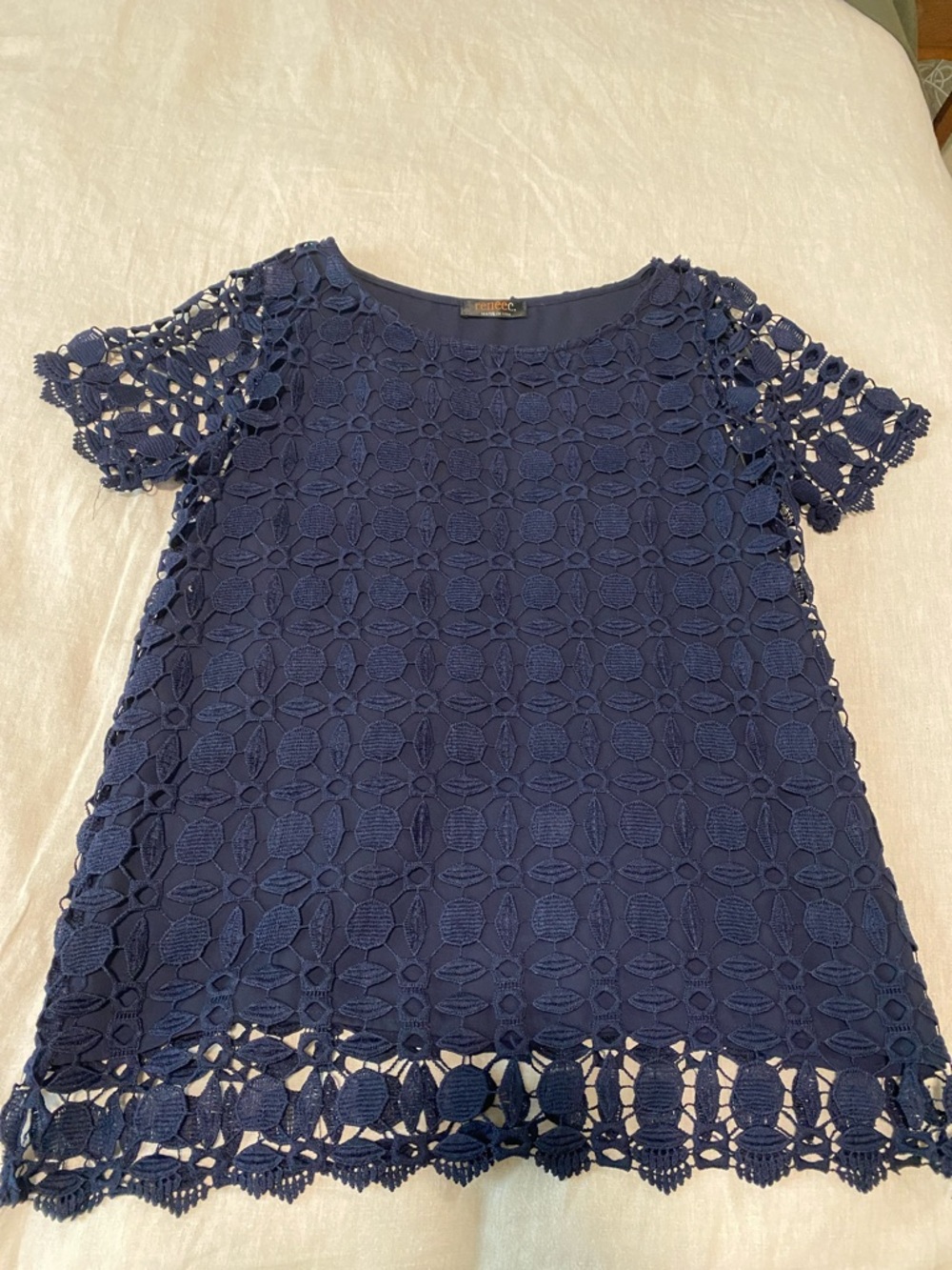 Women's Navy Crochet Lace Short Sleeve Top